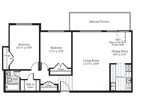 Floor plan for 2 beds, 1 bath, 1002 sqft